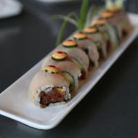 OMG Roll · Spicy tuna roll with white tuna, jalapeno and spicy mayo on top. 