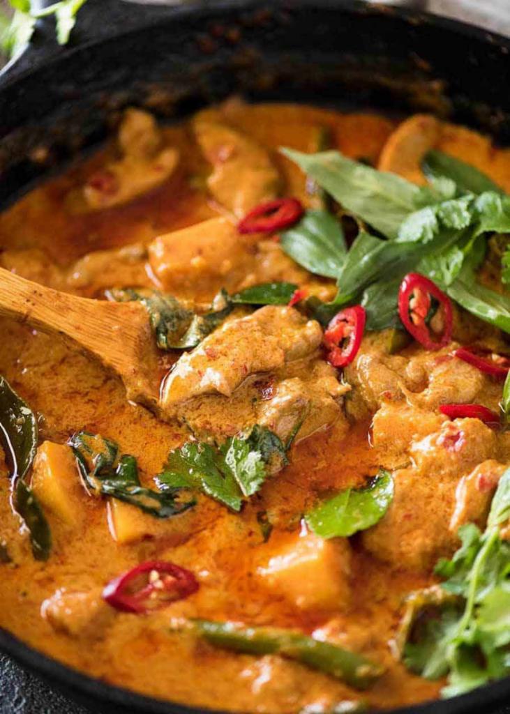 Red Curry  · Another Thai’s favorite. A mild red curry paste, coconut milk, eggplant, bamboo shoots, bell peppers, green bean, pineapple and basil.