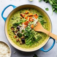 Green Curry  · Excellent aromatic dish. A mild spice green curry paste with coconut milk, eggplant, bamboo ...