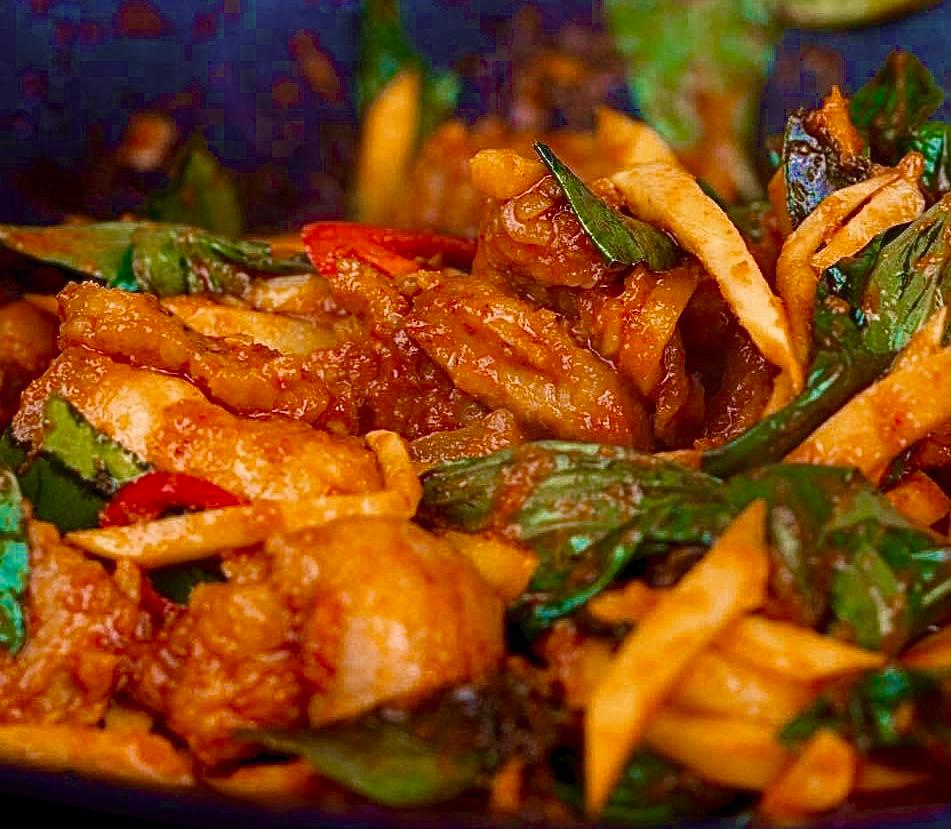Pad Prik   · Stir-fried chili paste with bamboo shoots, onions, green bean, bell peppers and Thai basil.