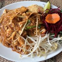 Pad Thai  · The most famous Thai noodles dish. Stir-fried thin rice noodles with egg, scallions, bean sp...