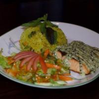 Grilled Salmon · 8 oz. grilled salmon with dill sauce. Served with greens salad and pulau pan-fried mixed veg...
