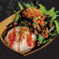 Beef Bowl · Korean BBQ beef, sautéed onions, kimchi, masago, red sauce, green onions, fried shallots, an...