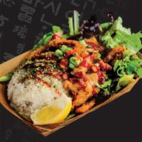 Chicken Bowl · Korean BBQ chicken, kimchi, masago, spicy gochujang sauce, green onions, fried shallots, ses...