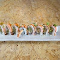 King Shaggy Roll · Shrimp tempura, avocado & cream cheese topped w/ kanikama, masago, crunchy, spicy mayo & hou...