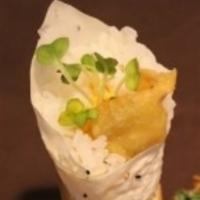Dynamite Shrimp Handroll · Tempura shrimp, crunchy flakes, sprouts w/spicy mayo in soy paper
