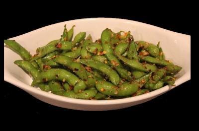 Spicy Garlic Edamame · Sauteed soybeans with kosher salt, crushed pepper, and fresh garlic.
