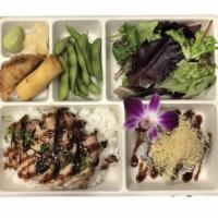 Chicken Bento · Japanese style sampler plate, grilled chicken teriyaki, rice, edamame, gyoza, bella spring r...