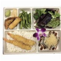 Tempura Bento · Japanese style sampler plate, jumbo shrimp tempura (2pcs), rice, edamame, gyoza, bella sprin...
