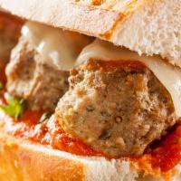 Meatball with Cheese Sandwich · Sandwich with seasoned meat that has been rolled into a ball. 