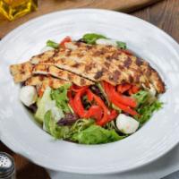 Italian Grilled Chicken Salad · Marinated grilled chicken, roasted peppers, fresh mozzarella, Kalamata olives and balsamic v...