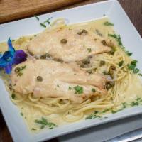 Chicken Piccata · Chicken breast sauteed in a white wine, lemon and capers.