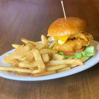 Fish Butty · lightly beer battered haddock, stacked on a brioche bunw/ american cheese, lettuce, tomato, ...