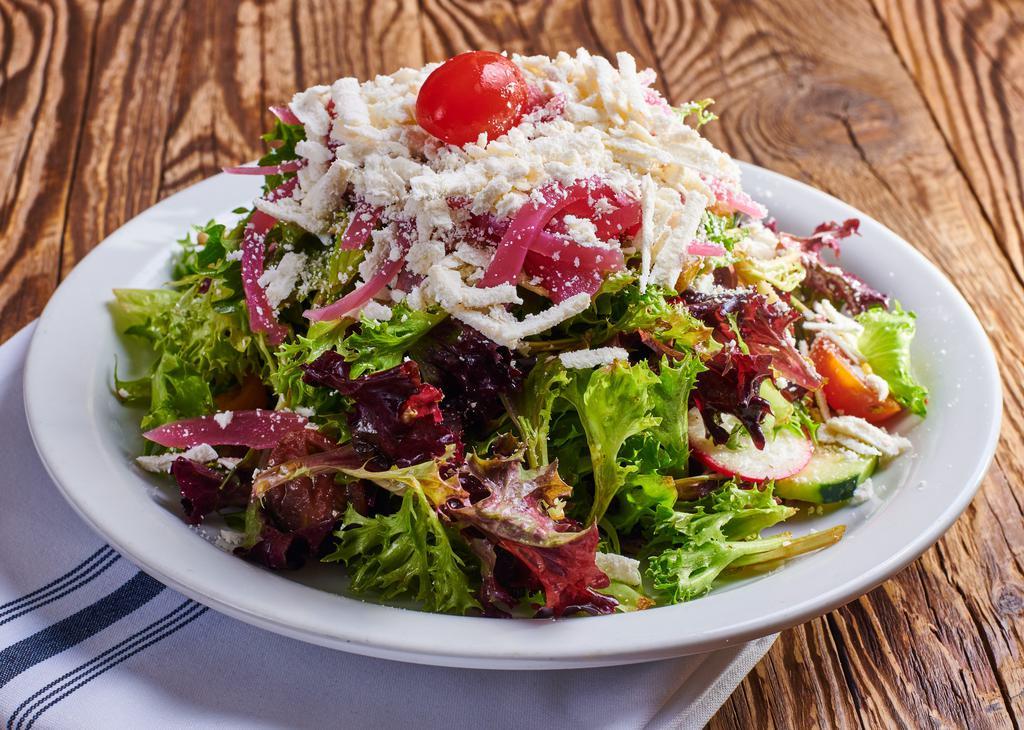 House Salad · Mixed Greens, cherry tomatoes, radishes, cucumbers, pickled onions and Italian vinaigrette.