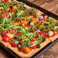 Garden Pizza (vegan) · No cheese with pizza sauce, fresh arugula, cherry tomatoes, red onions, black olives, roaste...