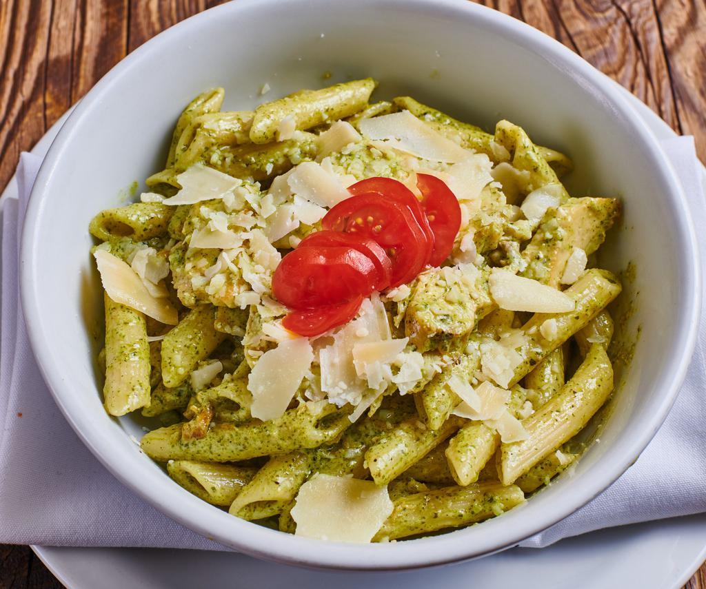 Penne With Chicken · Penne with chicken,  cherry tomatoes and pesto sauce.