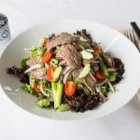 Y2. Grilled Beef Salad · Smoky beef strips mixture consists of cherry tomatoes, diced cucumbers, onion, cilantro, Tha...