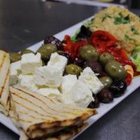 Mediterranean Platter · Hummus, Roasted Red Peppers, Feta Cheese, Marinated Olives, Toasted Pita