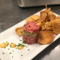 Tuna Tower · Spicy Tuna, Guacamole, Wonton Chips