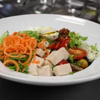 Cobb Salad (GF) · Mixed Greens, Tomatoes, Bacon, Carrots, Crumbled Blue Cheese , Avocado, Turkey, Chives, Hard...
