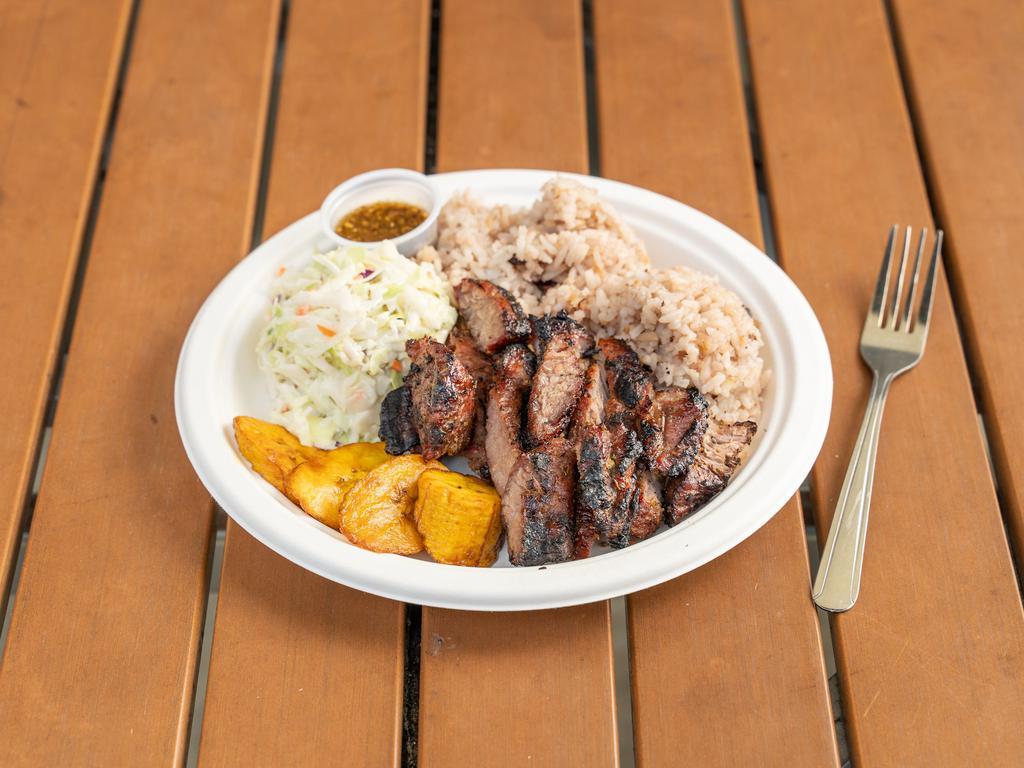Kingston Special - Jamaican Jerk Pork · Pork with authentic Jamaican jerk spice served with traditional Jamaican rice and peas cooked in coconut milk, fried plantains, with a side of coleslaw.