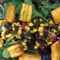Vegetarian Reggae Bowl · Rice and peas, fried plantains, tomatoes, red onions, corn, and black bean salsa, fresh seas...