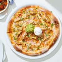 Santa Fe Chicken Pizza · Grilled chicken breast marinated in lime and herbs, red onions and Monterey Jack topped with...