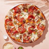 Spicy Milano Pizza  · Spicy marinara, serrano peppers, Italian sausage, spicy pepperoni, Cremini mushrooms, yellow...