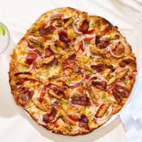 Jamaican Jerk Chicken Pizza · Spicy sweet Caribbean sauce, authentic Jamaican spices, Nueske's applewood smoked bacon, red...