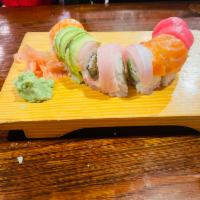 Rainbow Roll · A California roll with tuna, salmon, white fish, shrimp on top.