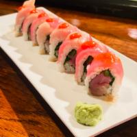 Sushi Fever Roll · Yellowtail, tuna, jalapeno, cilantro inside, topped with yellowtail, tuna, ponzu sauce, and ...