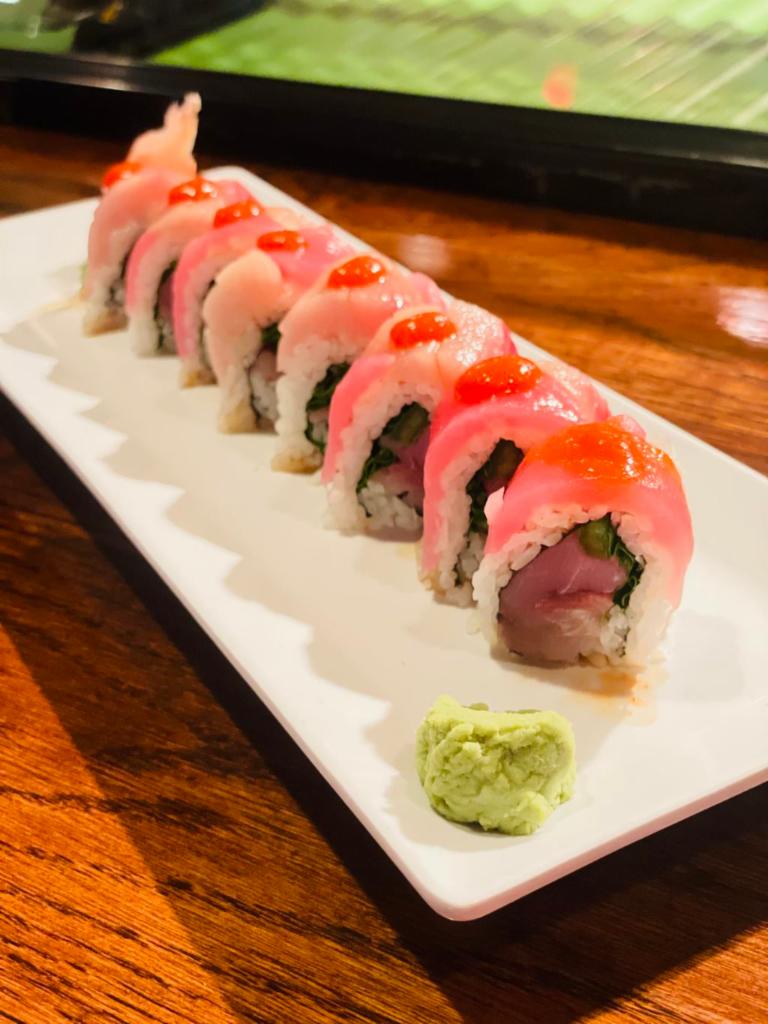 Sushi Fever Roll · Yellowtail, tuna, jalapeno, cilantro inside, topped with yellowtail, tuna, ponzu sauce, and sriracha. Spicy.