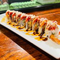 Hollywood Roll · Soft-shell crab, avocado inside, topped with spicy tuna, eel sauce, and spicy mayo. Spicy.