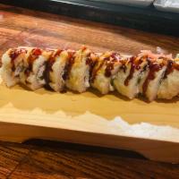 Glazed Roll · Crabstick, avocado, jalapeno, and cream cheese inside, topped with eel sauce, and spicy mayo...
