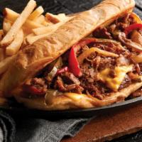 Philly Cheesesteak · Sliced sirloin, choice of American or provolone cheese, grilled onions, and peppers, served ...