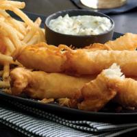Fish ＆ Chips · Beer-battered white fish, served with creamy coleslaw, fries, malt vinegar, and tartar sauce.