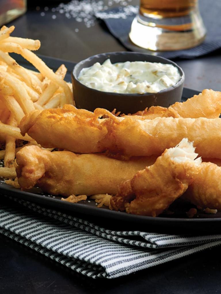 Fish ＆ Chips · Beer-battered white fish, served with creamy coleslaw, fries, malt vinegar, and tartar sauce.