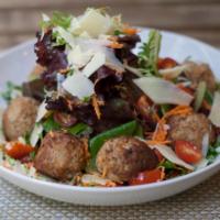Turkey Meatball Salad · Organic greens, carrots, cherry tomato, balsamic vinaigrette, shredded Parmigiano.