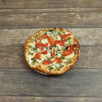 Double's White Signature Pizza · Ricotta cheese is the base sauce. Topped with feta cheese, spinach, roasted garlic, tomatoes...
