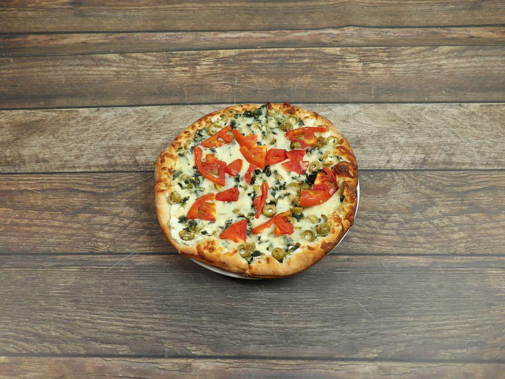 Double's White Signature Pizza · Ricotta cheese is the base sauce. Topped with feta cheese, spinach, roasted garlic, tomatoes, and green olives.