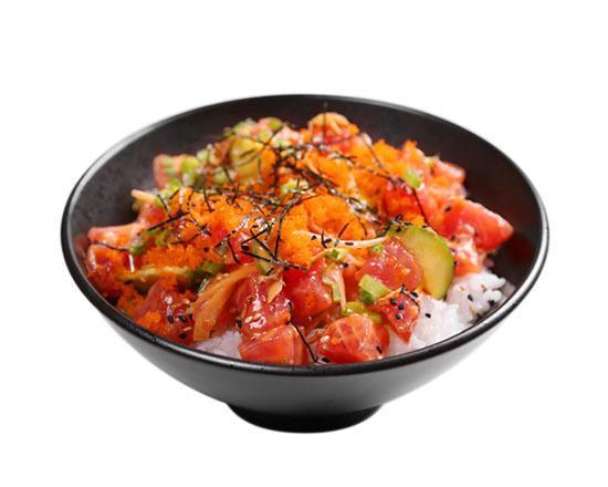 Spicy Ahi · Ahi tuna, cucumber, sweet onion, edamame, Sriracha Aioli flavor, masago, green onion, sesame seeds, onion crisps, shredded nori
