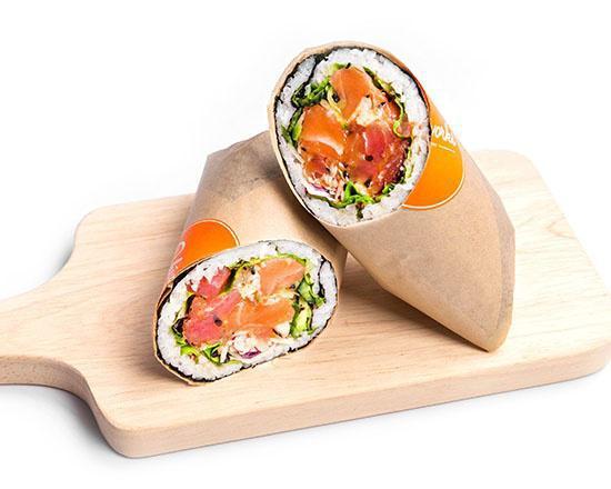 Poke Burrito - Large (3 Proteins) · Your choice of 3 proteins, mix-ins, toppings, and flavor wrapped with white rice and roasted seaweed.