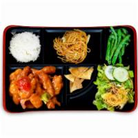Pao Pao Bento Box · Wok-fried in our signature spicy cream glaze; green and red bell pepper. Ginger salad, noodl...