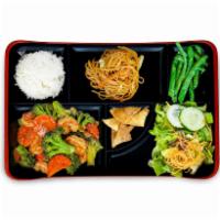 Garlic Broccoli Bento Box · Broccoli, carrot, soy garlic sauce. Ginger salad, noodles, garlic string beans and your choi...