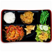 Korean Bento Box · Red bell pepper, onion, scallion, mushroom, gochujang sauce. Ginger salad, noodles, garlic s...