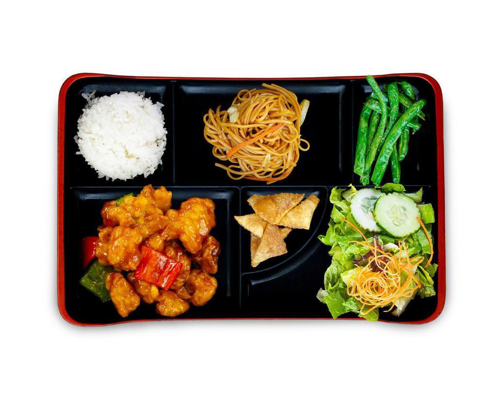 Orange Bento Box · Wok-fried, green and red bell pepper. Ginger salad, noodles, garlic string beans and your choice of white or brown rice.