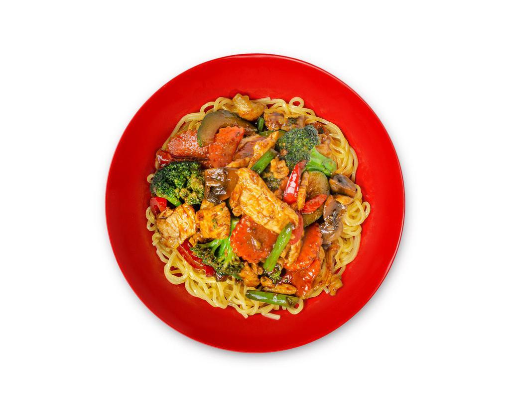 Veggie Stir Fry Noodle Bowl · Broccoli, mushroom, carrot, string beans, red bell pepper, zucchini, soy garlic sauce served over your choice of noodles.