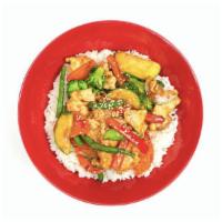 Sesame Stir Fry Rice Bowl · Red bell pepper, broccoli, string beans, mushroom, carrot, zucchini and sweet soy served ove...