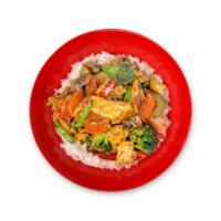 Veggie Stir Fry Rice Bowl · Broccoli, mushroom, carrot, string beans, red bell pepper, zucchini, soy garlic sauce served...