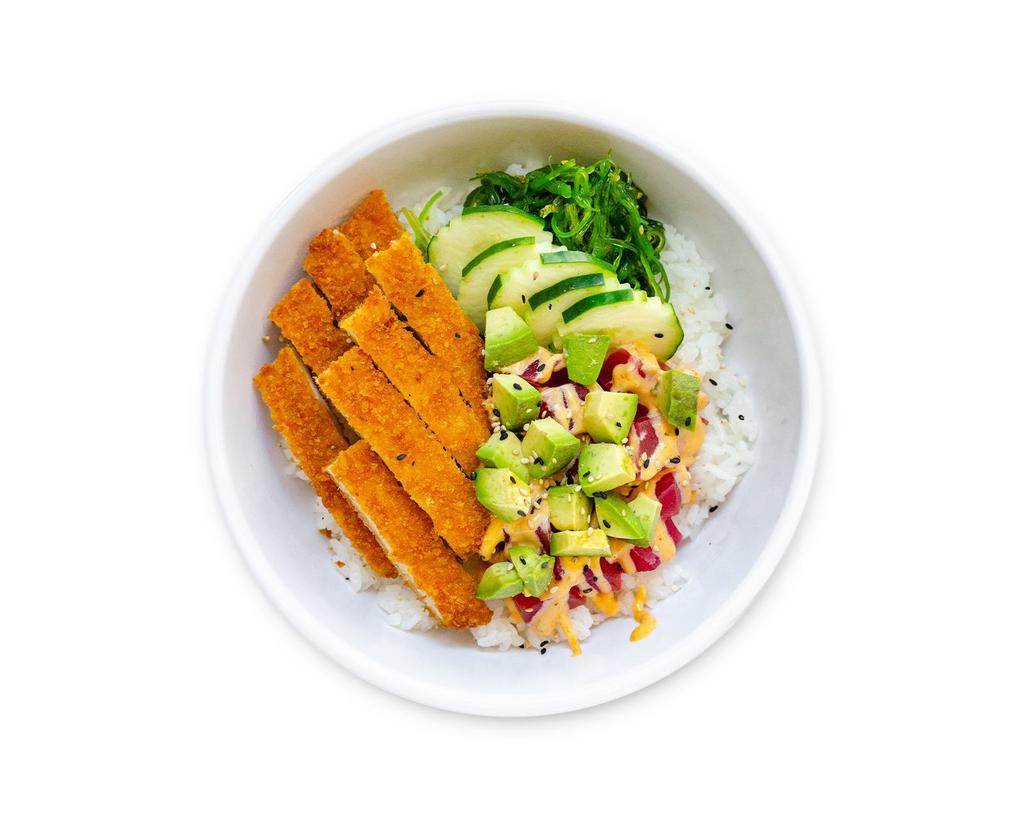 Surf 'N' Turf Bowl · Chicken ( katsu or teriyaki ), tuna, avocado, cucumber, wakame, sesame seeds, and spicy mayo. Consuming raw or undercooked meats, poultry, seafood, shellfish or eggs may increase your risk of foodborne illness.